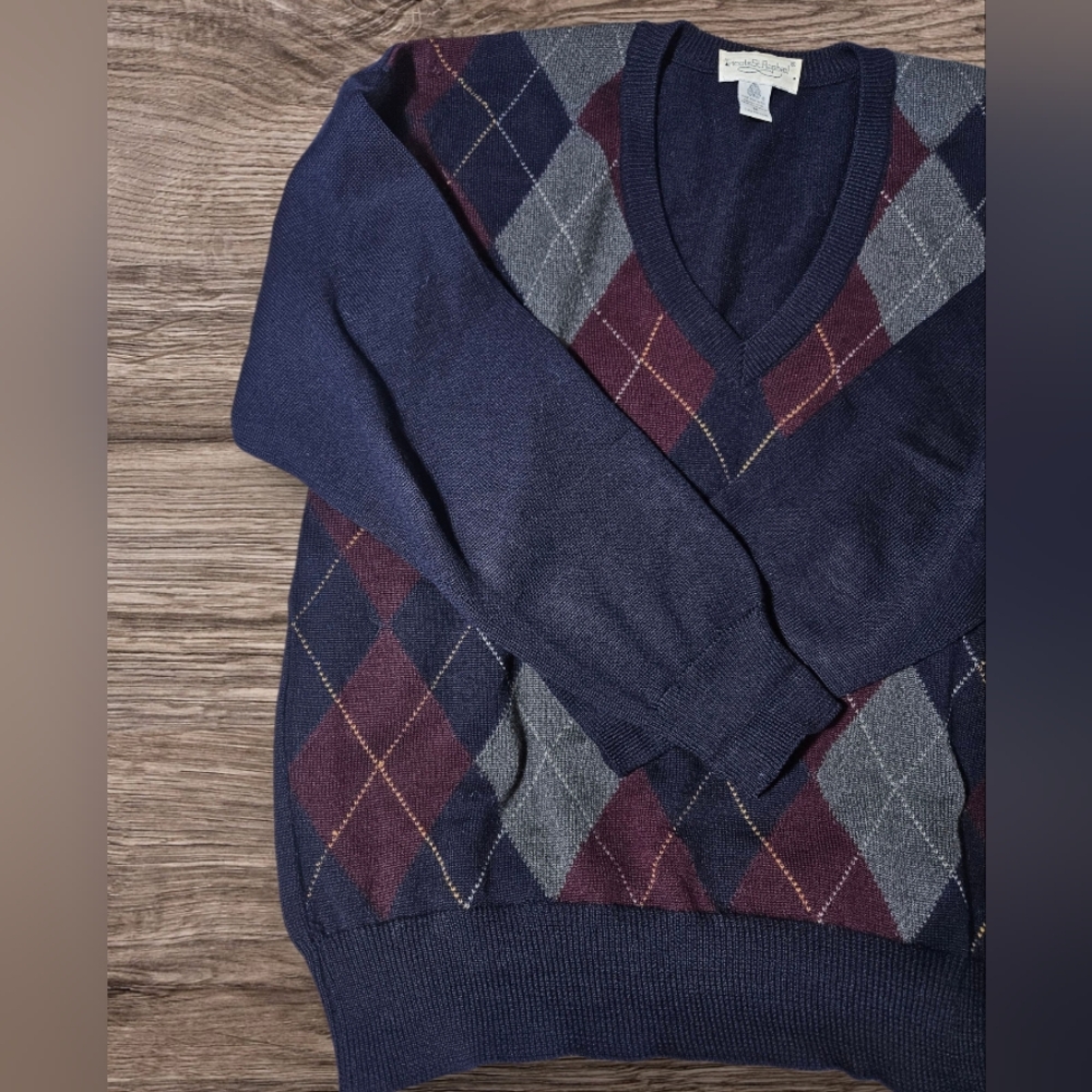 VTG/90s Tricots St Raphael 100% Pure Merino Wool Pullover M Sweater Argyle *Flaw - Picture 7 of 11